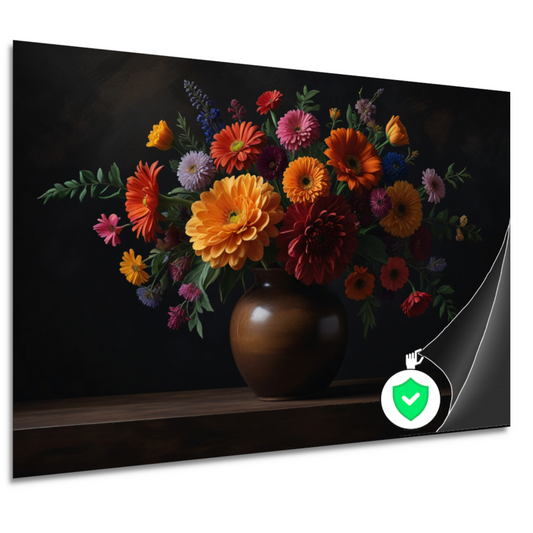 Bruine vaas met levendige bloemenschat poster
