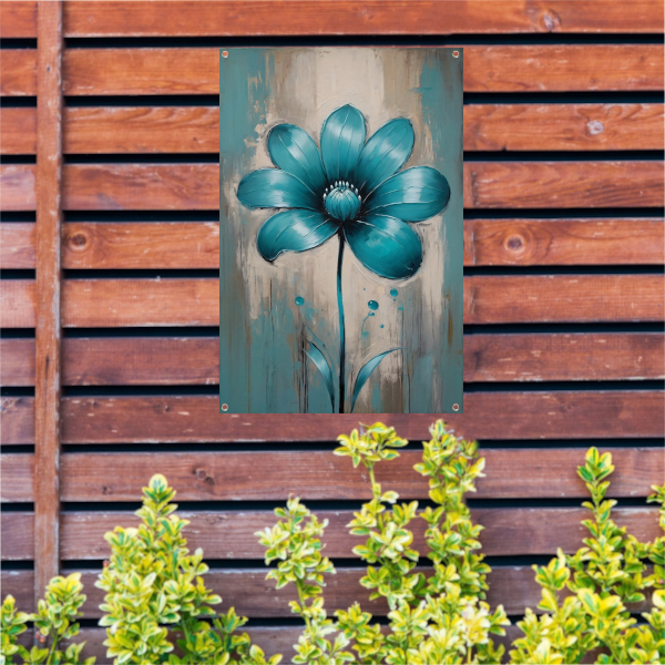 Turquoise Bloem op Beige Abstract Achtergrond tuinposter