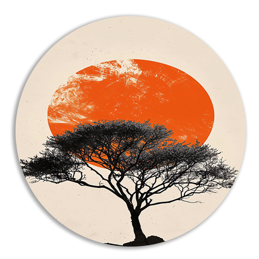Boom silhouet tegen oranje zonsondergang achtergrond aluminium muurcirkel