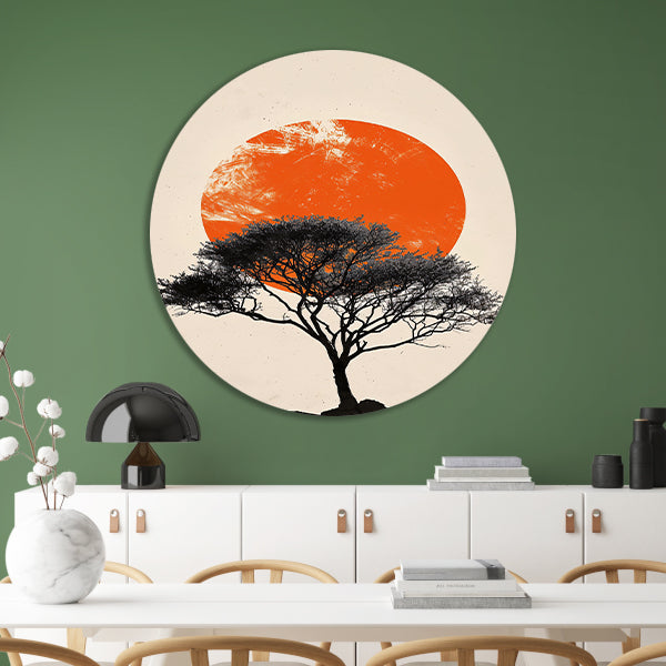 Boom silhouet tegen oranje zonsondergang achtergrond aluminium muurcirkel