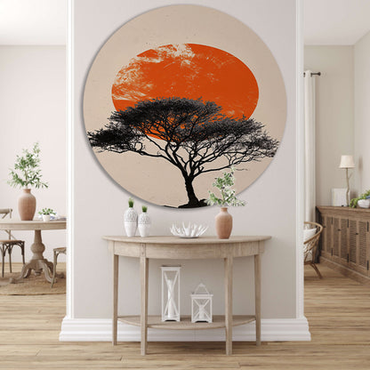 Boom silhouet tegen oranje zonsondergang achtergrond aluminium muurcirkel