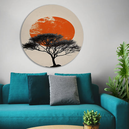 Boom silhouet tegen oranje zonsondergang achtergrond aluminium muurcirkel