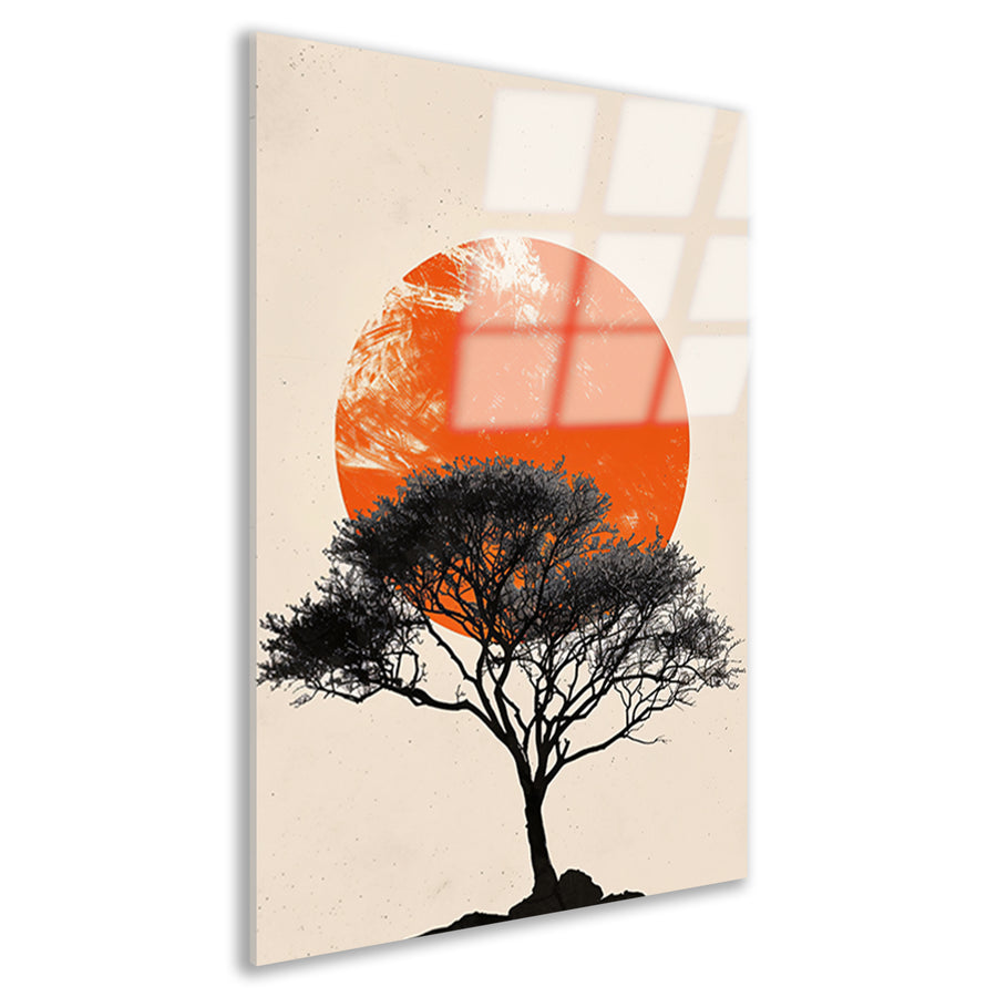 Boom silhouet tegen oranje zonsondergang achtergrond acrylglas