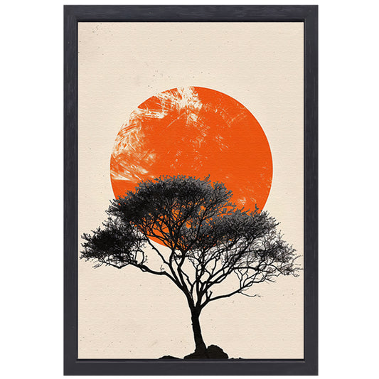 Boom silhouet tegen oranje zonsondergang achtergrond canvas met baklijst