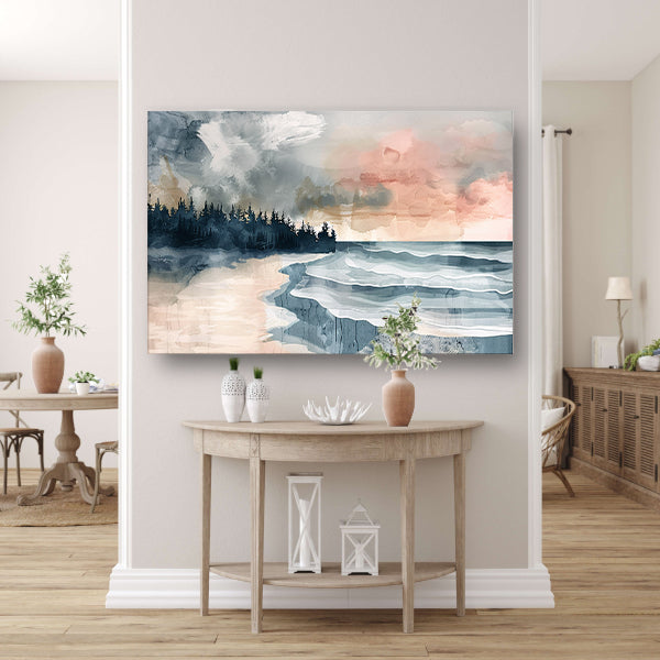 Surrealistisch strandlandschap met schilderachtige bomen poster