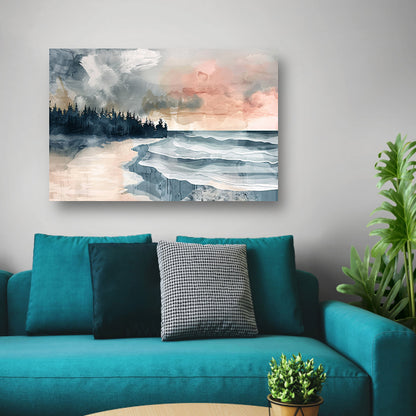 Surrealistisch strandlandschap met schilderachtige bomen poster