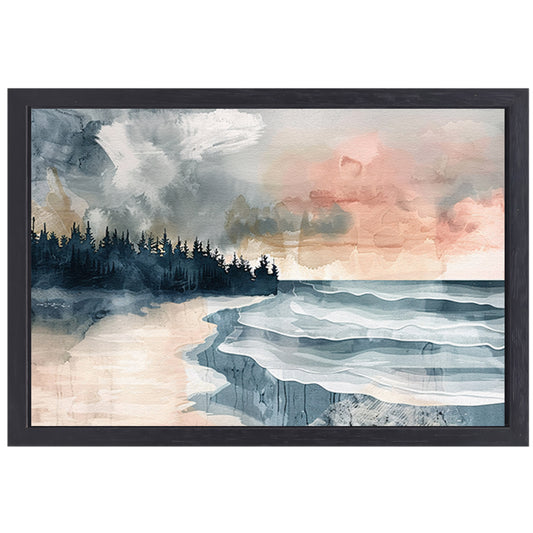 Surrealistisch strandlandschap met schilderachtige bomen canvas met baklijst