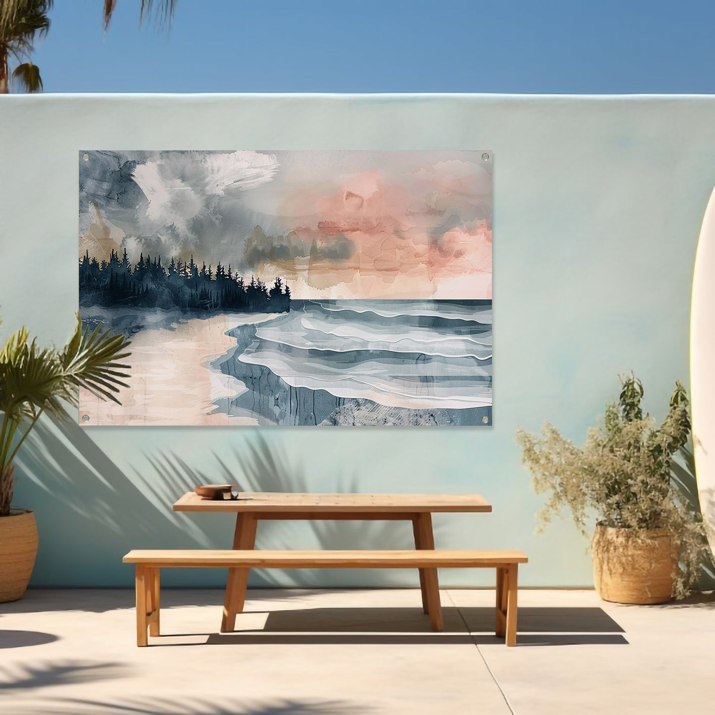 Surrealistisch strandlandschap met schilderachtige bomen tuinposter
