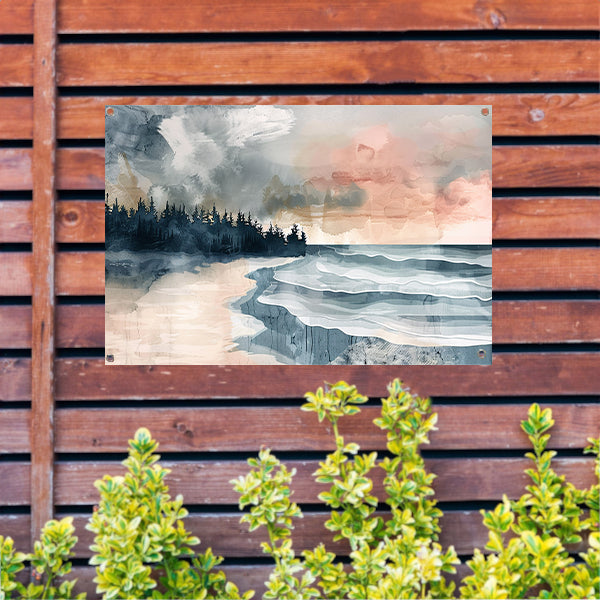 Surrealistisch strandlandschap met schilderachtige bomen tuinposter