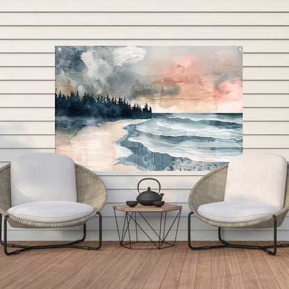 Surrealistisch strandlandschap met schilderachtige bomen tuinposter