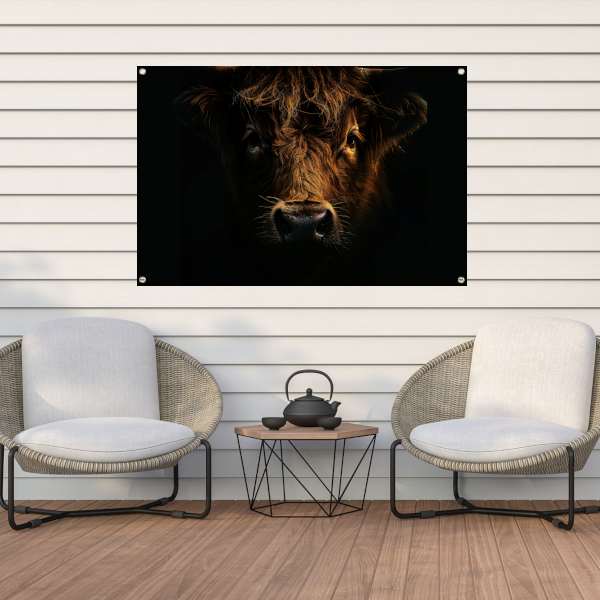 Schotse hooglander in duister lichtspel tuinposter