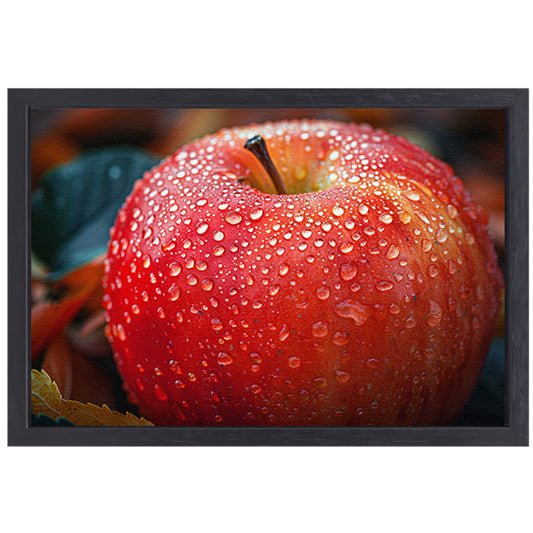 Frisse ochtenddauw op rode appel canvas met baklijst