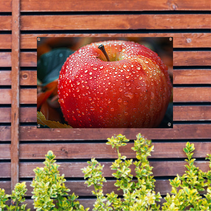 Frisse ochtenddauw op rode appel tuinposter