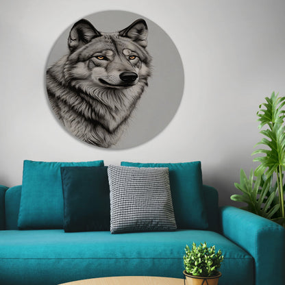 Majestueuze wolf in monochrome tinten aluminium muurcirkel