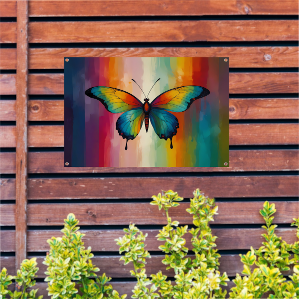 Abstracte kleurexplosie in vlindervorm tuinposter