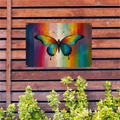 Abstracte kleurexplosie in vlindervorm tuinposter