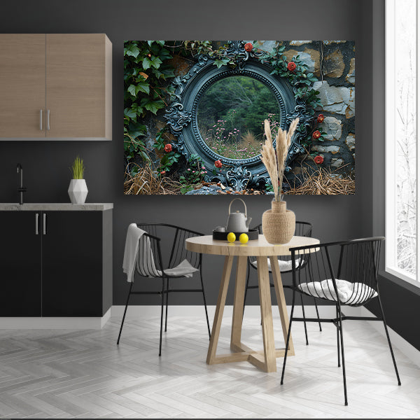 Minimalistisch spiegel met stenen muur canvas