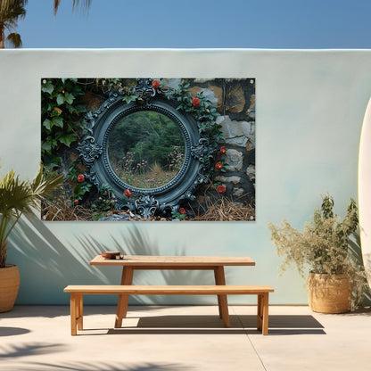 Minimalistisch spiegel met stenen muur tuinposter