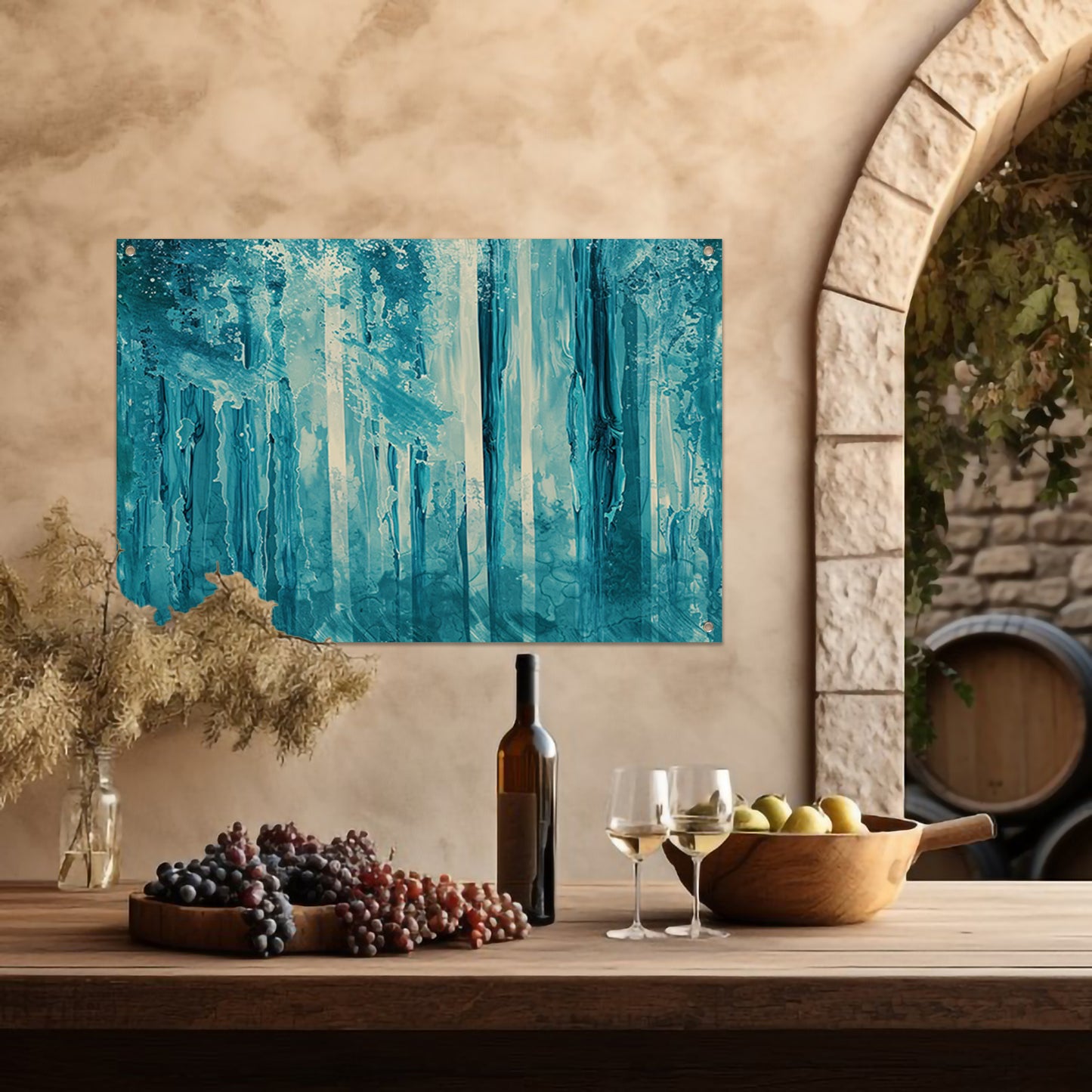 Abstract surrealistisch bos met blauwe tinten tuinposter