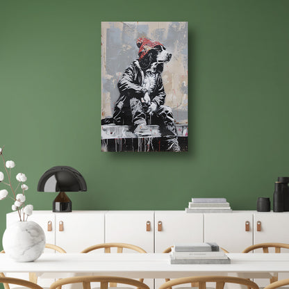 Zwart-witte hond met rode muts op betonnen richel acrylglas