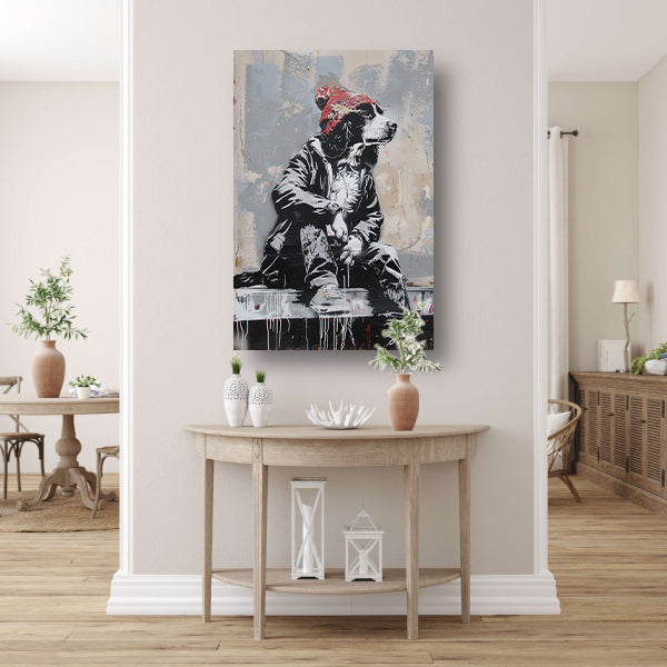 Zwart-witte hond met rode muts op betonnen richel acrylglas