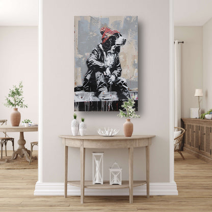 Zwart-witte hond met rode muts op betonnen richel acrylglas