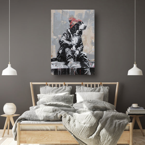 Zwart-witte hond met rode muts op betonnen richel acrylglas
