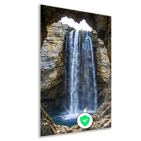 Waterval omlijst door rotsvenster poster