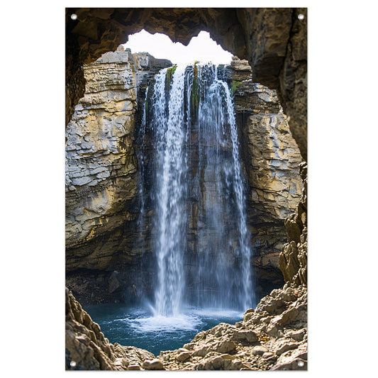 Waterval omlijst door rotsvenster tuinposter