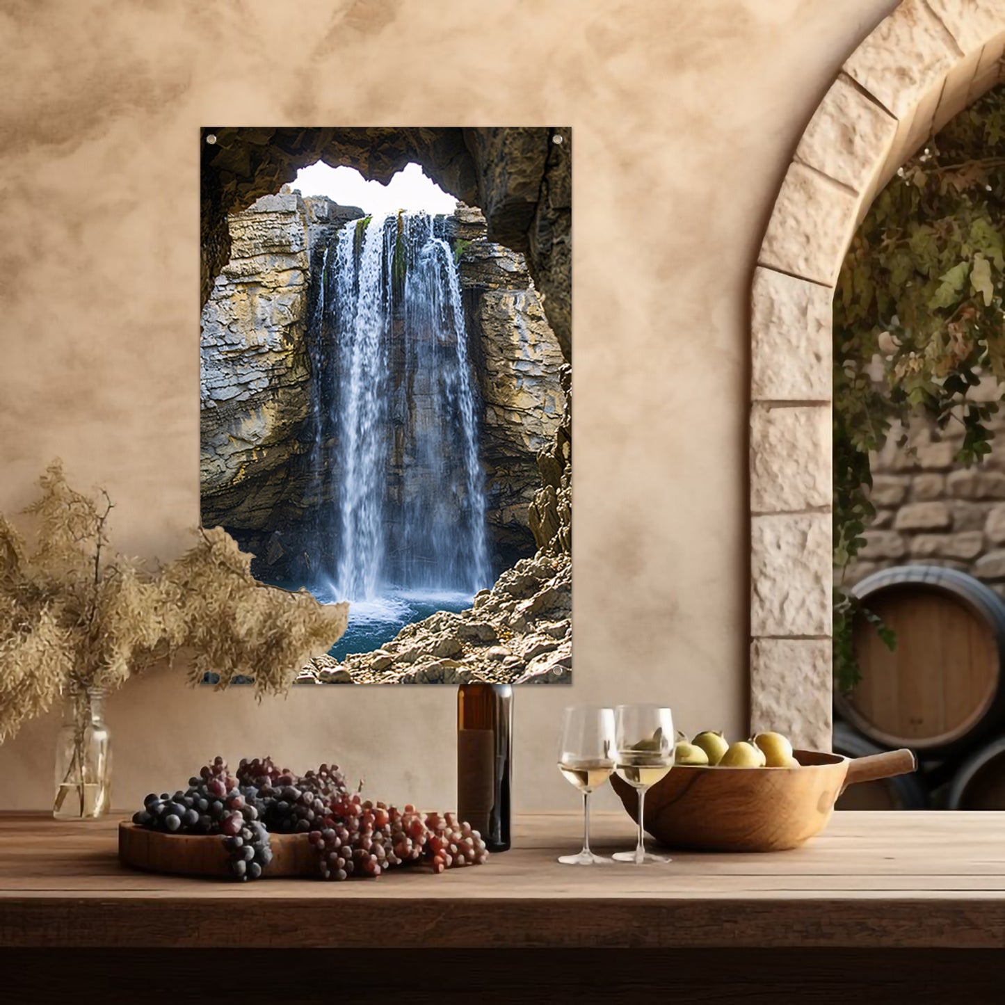 Waterval omlijst door rotsvenster tuinposter