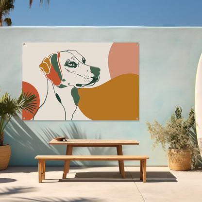 Abstracte lijntekening van een hond in kleur tuinposter