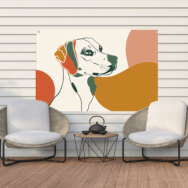 Abstracte lijntekening van een hond in kleur tuinposter