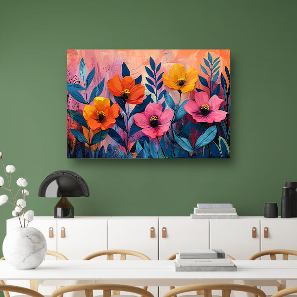 Kleurrijk schilderij van bloemen en bladeren canvas met baklijst