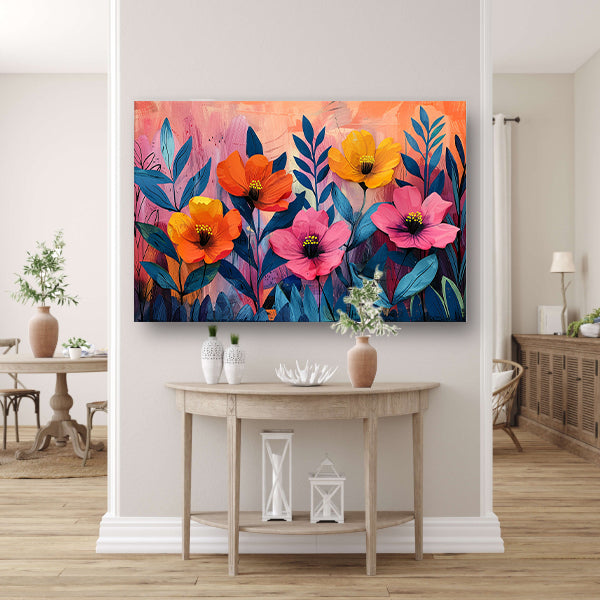 Kleurrijk schilderij van bloemen en bladeren canvas met baklijst