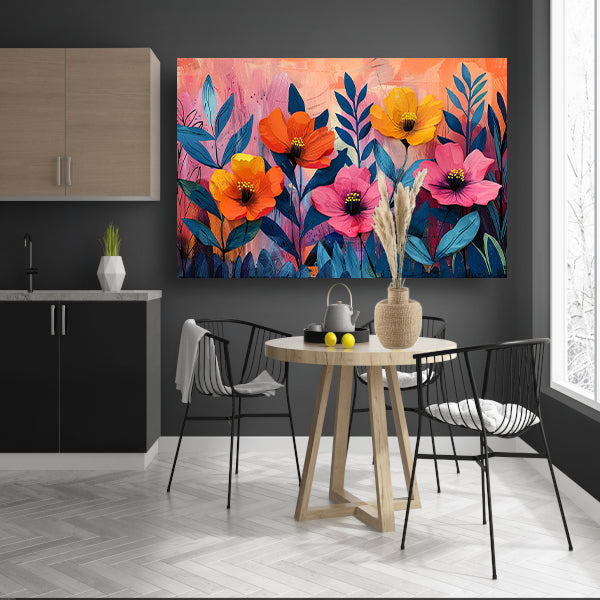 Kleurrijk schilderij van bloemen en bladeren canvas met baklijst