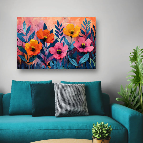 Kleurrijk schilderij van bloemen en bladeren canvas met baklijst