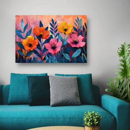 Kleurrijk schilderij van bloemen en bladeren poster