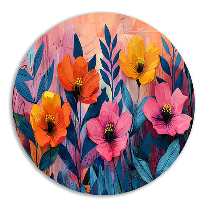 Kleurrijk schilderij van bloemen en bladeren aluminium muurcirkel