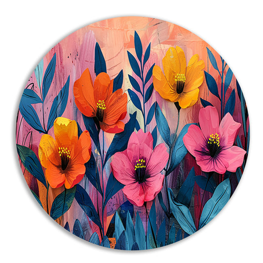 Kleurrijk schilderij van bloemen en bladeren aluminium muurcirkel
