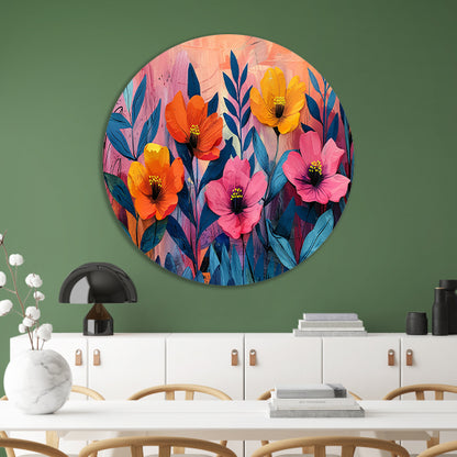 Kleurrijk schilderij van bloemen en bladeren aluminium muurcirkel