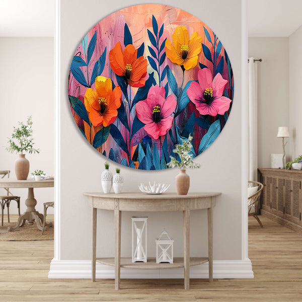 Kleurrijk schilderij van bloemen en bladeren aluminium muurcirkel