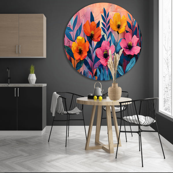 Kleurrijk schilderij van bloemen en bladeren aluminium muurcirkel