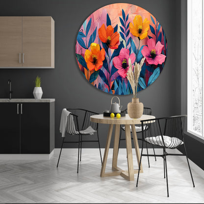 Kleurrijk schilderij van bloemen en bladeren aluminium muurcirkel