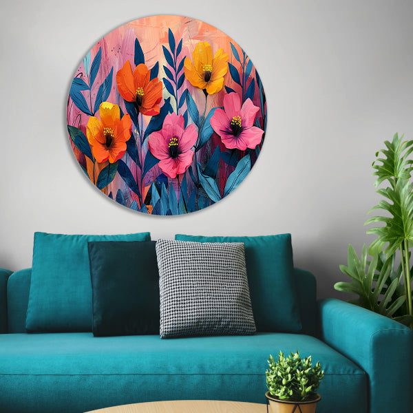 Kleurrijk schilderij van bloemen en bladeren aluminium muurcirkel