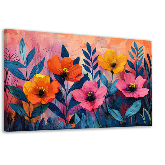 Kleurrijk schilderij van bloemen en bladeren canvas