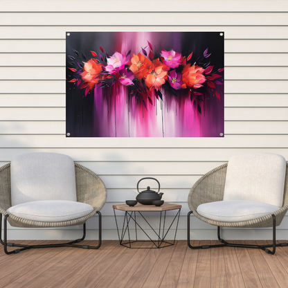 Abstracte kleurrijke bloemen op donkere achtergrond tuinposter