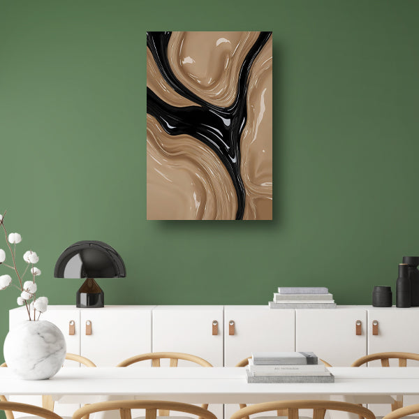 Abstracte Golvende Vormen in Beige en Zwart canvas met baklijst