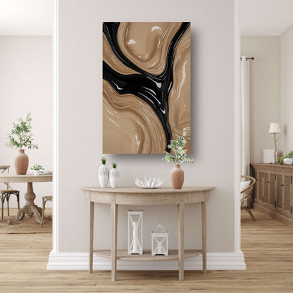 Abstracte Golvende Vormen in Beige en Zwart canvas met baklijst