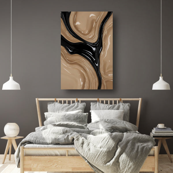 Abstracte Golvende Vormen in Beige en Zwart canvas met baklijst