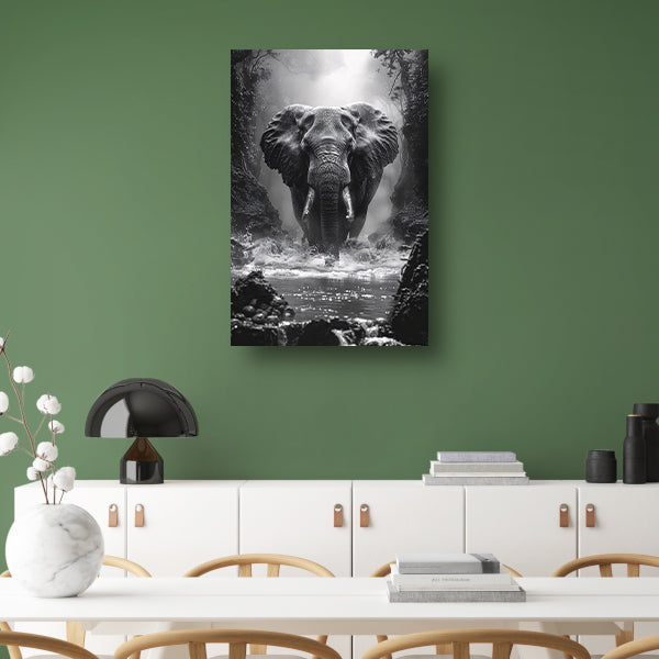 Zwart-wit portret van een olifant in de rivier canvas met baklijst